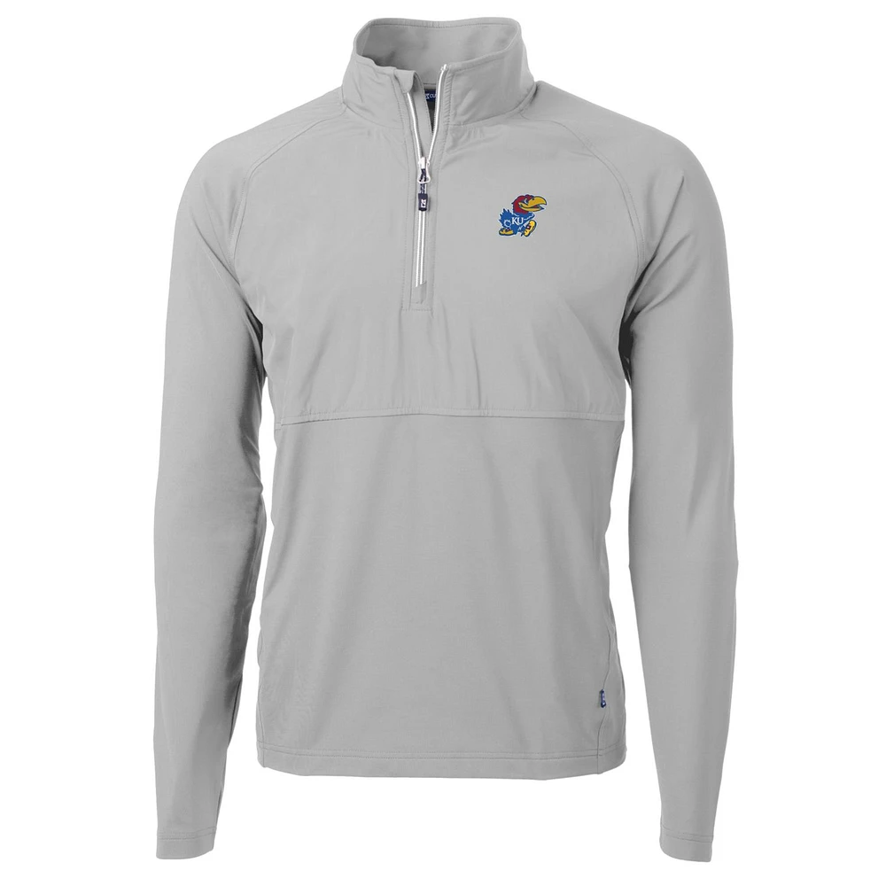 Men's Cutter & Buck Silver Kansas Jayhawks Adapt Eco Knit Hybrid Recycled Quarter-Zip Pullover Top