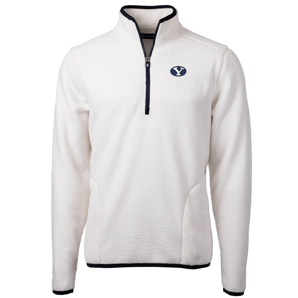 Men's Cutter & Buck Cream BYU Cougars Team Logo Cascade Eco Sherpa Fleece Quarter-Zip Pullover Jacket