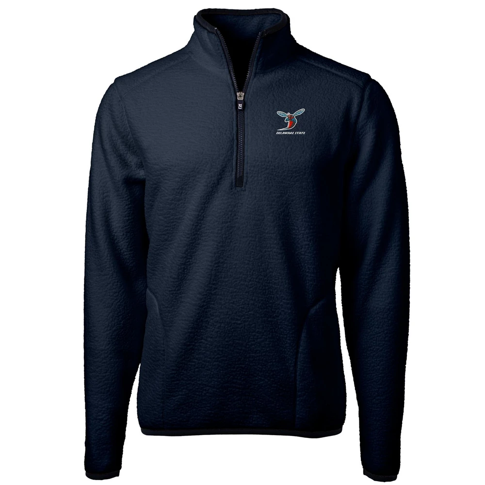 Men's Cutter & Buck Navy Delaware State Hornets Team Logo Cascade Eco Sherpa Fleece Quarter-Zip Pullover Jacket
