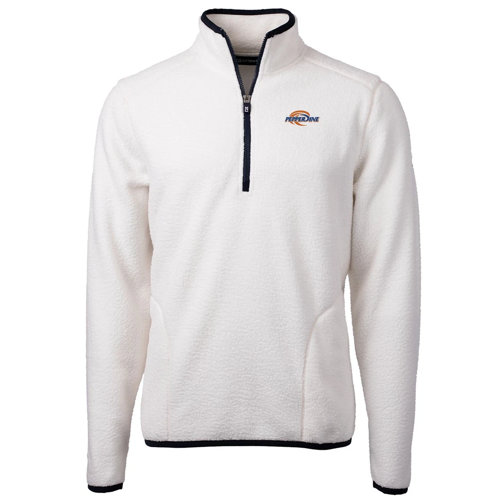 Men's Cutter & Buck Cream Pepperdine Waves Team Logo Cascade Eco Sherpa Fleece Quarter-Zip Pullover Jacket