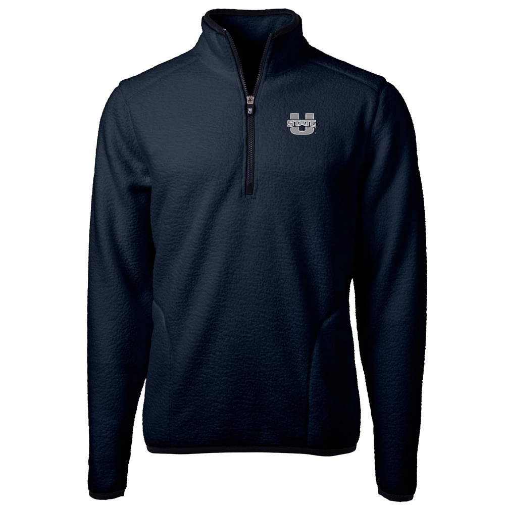 Men's Cutter & Buck Navy Utah State Aggies Team Logo Cascade Eco Sherpa Fleece Quarter-Zip Pullover Jacket