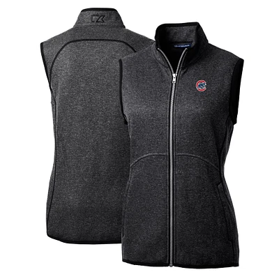 Women's Cutter & Buck Heathered Charcoal Chicago Cubs Mainsail Sweater-Knit Full-Zip Vest