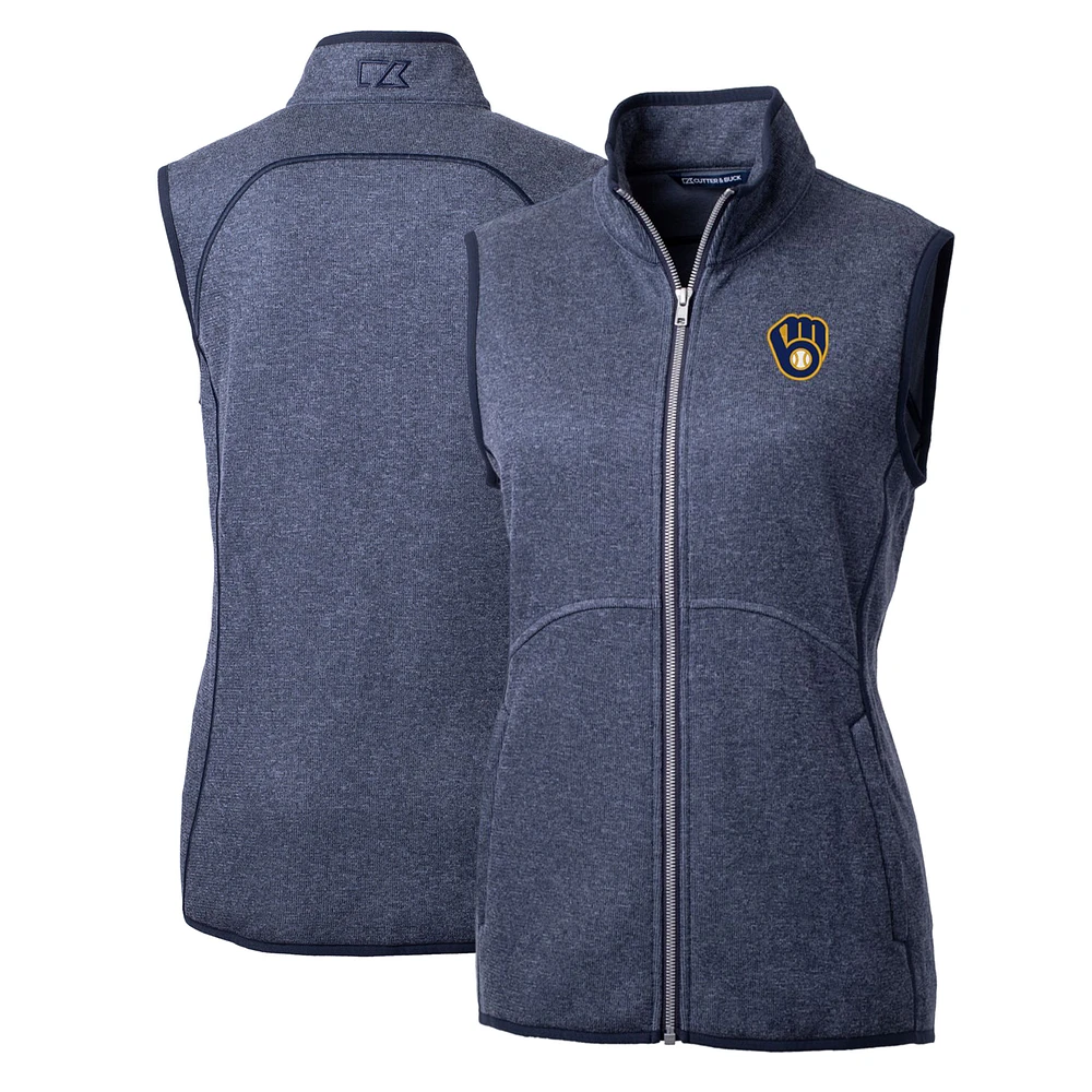 Women's Cutter & Buck Heathered Navy Milwaukee Brewers Mainsail Sweater-Knit Full-Zip Vest