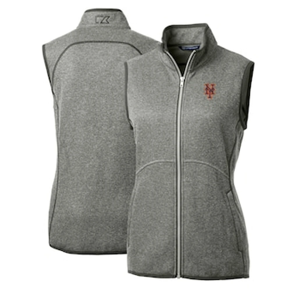Women's Cutter & Buck Heathered Gray New York Mets Mainsail Sweater-Knit Full-Zip Vest