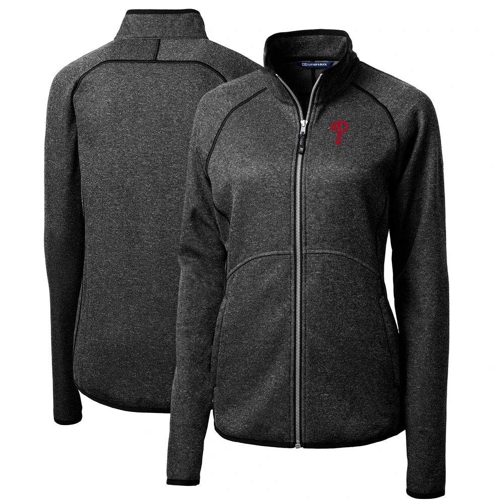 Women's Cutter & Buck Heathered Charcoal Philadelphia Phillies Mainsail Sweater-Knit Full-Zip Jacket