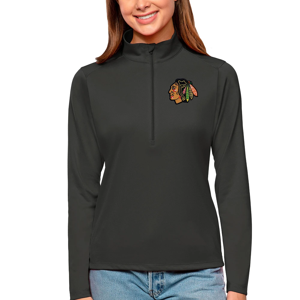 Women's Antigua Charcoal Chicago Blackhawks Tribute Quarter-Zip Pullover Top