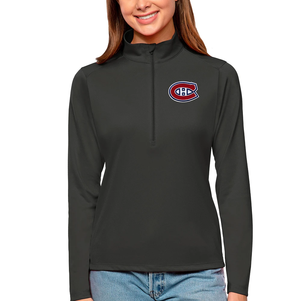 Women's Antigua Charcoal Montreal Canadiens Tribute Quarter-Zip Pullover Top
