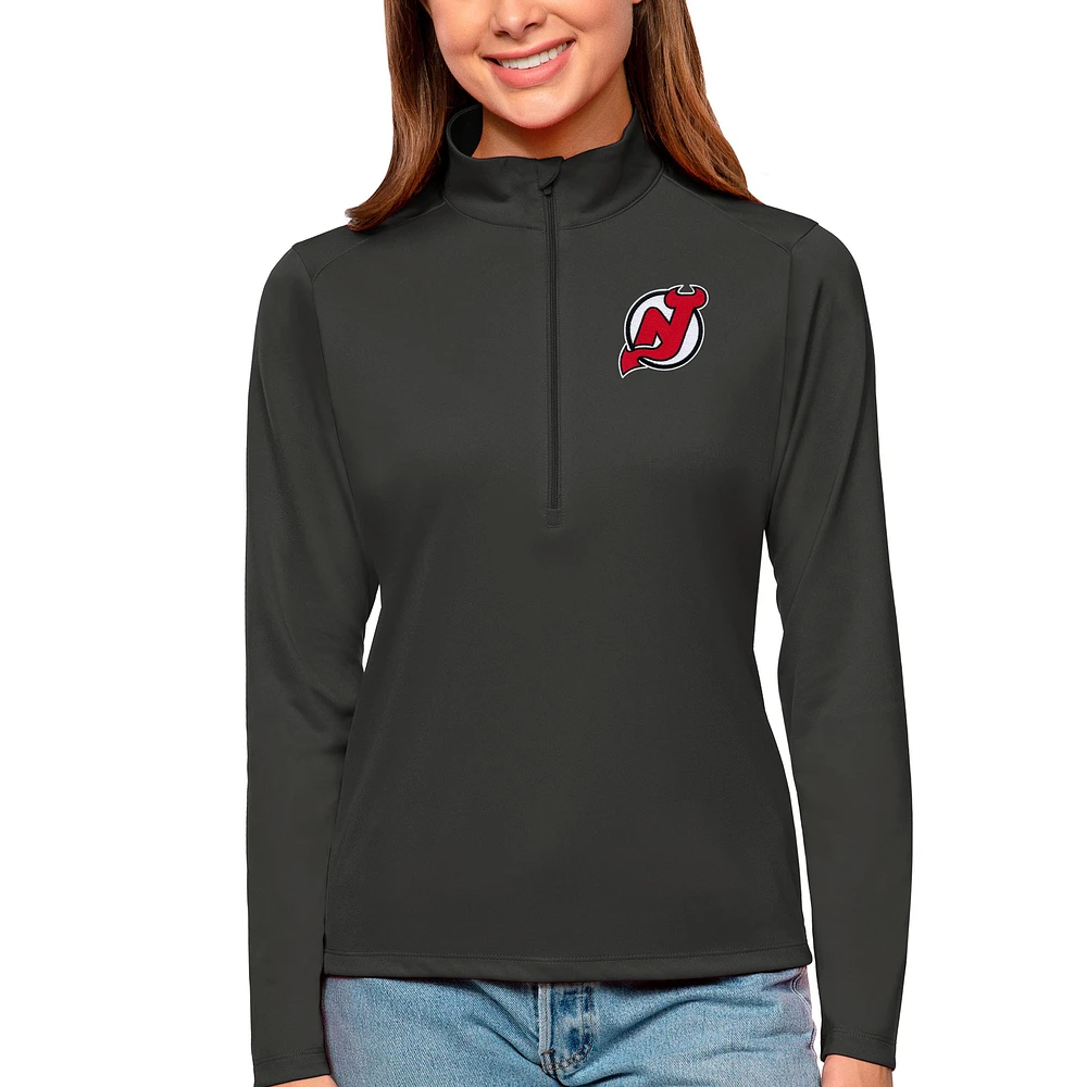 Women's Antigua Charcoal New Jersey Devils Tribute Quarter-Zip Pullover Top
