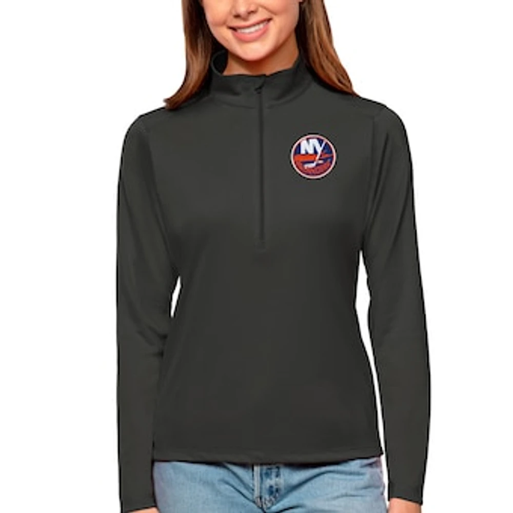 Women's Antigua Charcoal New York Islanders Tribute Quarter-Zip Pullover Top