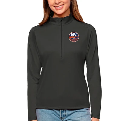Women's Antigua Charcoal New York Islanders Tribute Quarter-Zip Pullover Top