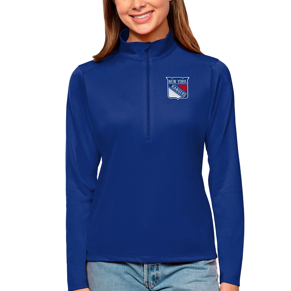 Women's Antigua Royal New York Rangers Tribute Quarter-Zip Pullover Top