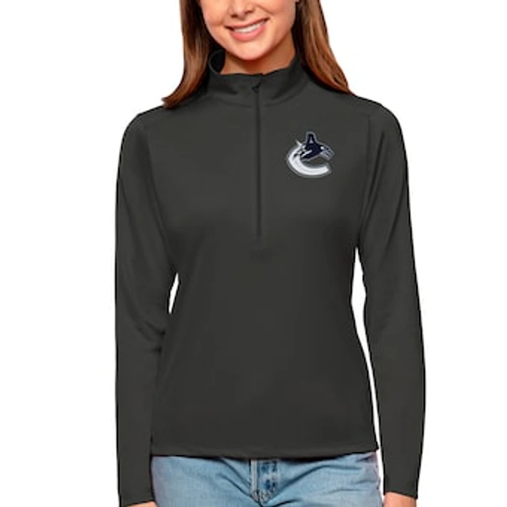 Women's Antigua Charcoal Vancouver Canucks Tribute Quarter-Zip Pullover Top