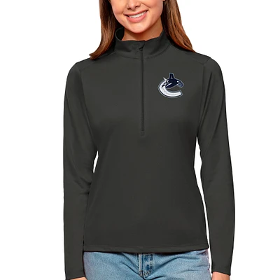 Women's Antigua Charcoal Vancouver Canucks Tribute Quarter-Zip Pullover Top