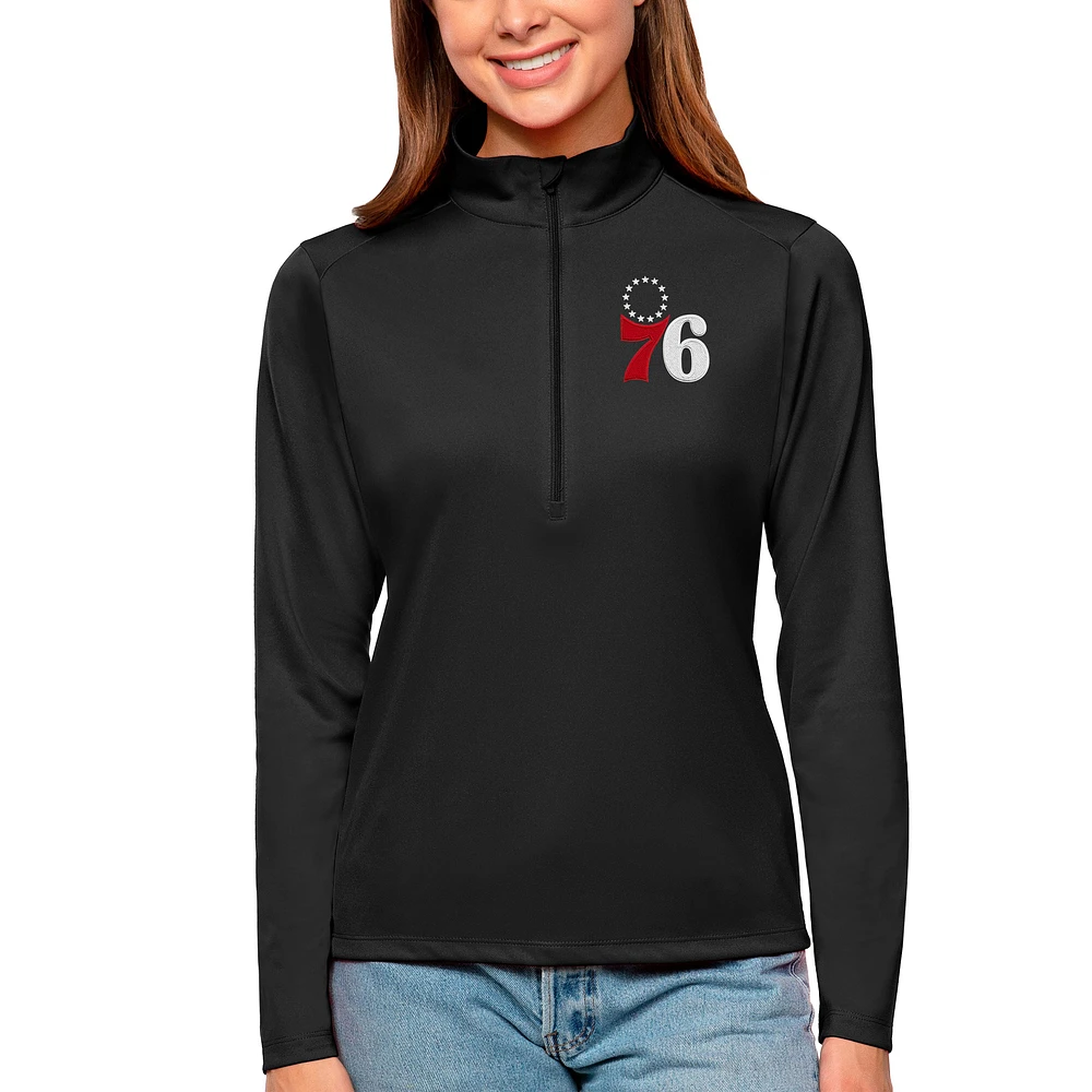 Women's Antigua Black Philadelphia 76ers Tribute Half-Zip Top