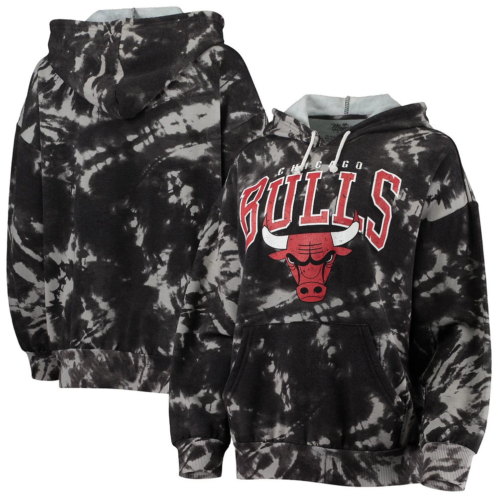 Women's Majestic Threads Black Chicago Bulls Burble Tie-Dye Tri-Blend Pullover Hoodie