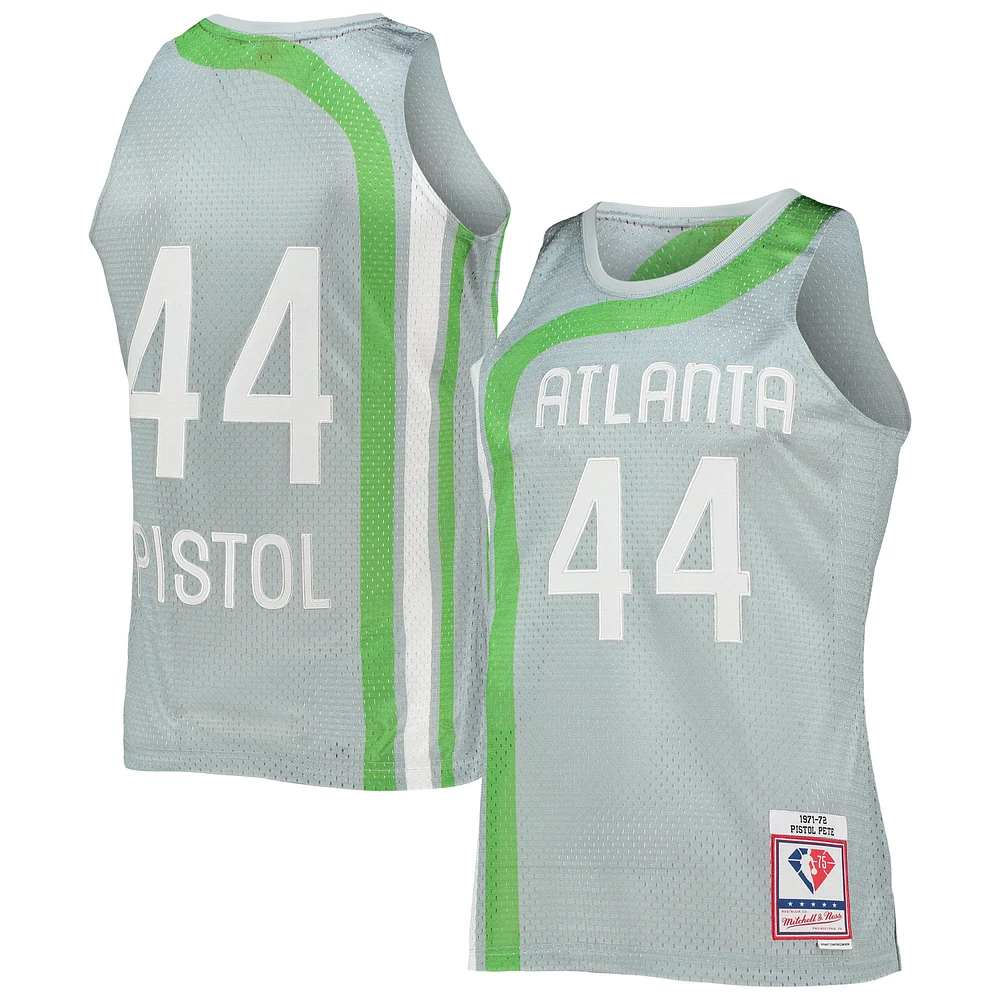 Men's Mitchell & Ness Pete Maravich Silver Atlanta Hawks 75th Anniversary 1971/72 Hardwood Classics Swingman Jersey
