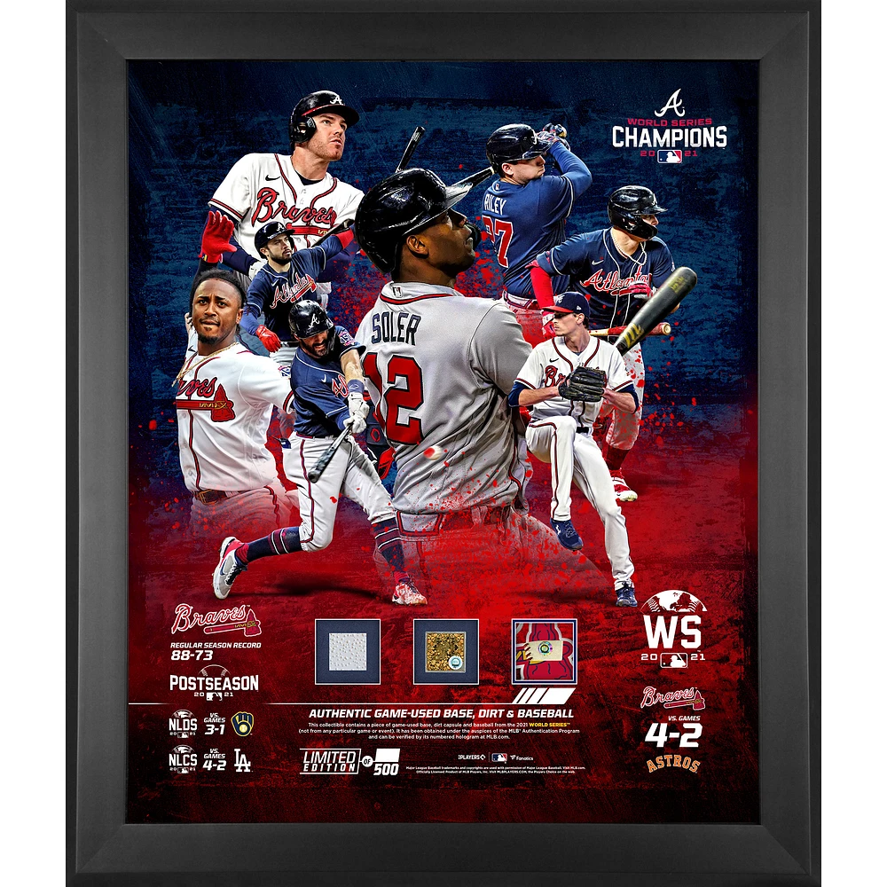 Atlanta Braves Framed 20" x 24" 2021 World Series Champions Collage with Pieces of Game-Used Dirt Baseball and Base from the World Series - Limited Edition of 500
