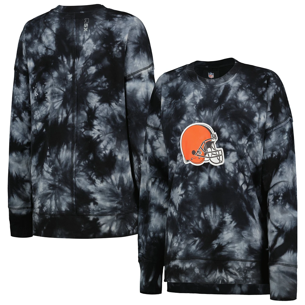Women's MSX by Michael Strahan Black Cleveland Browns Bailey Tie-Dye Tri-Blend Pullover Sweatshirt