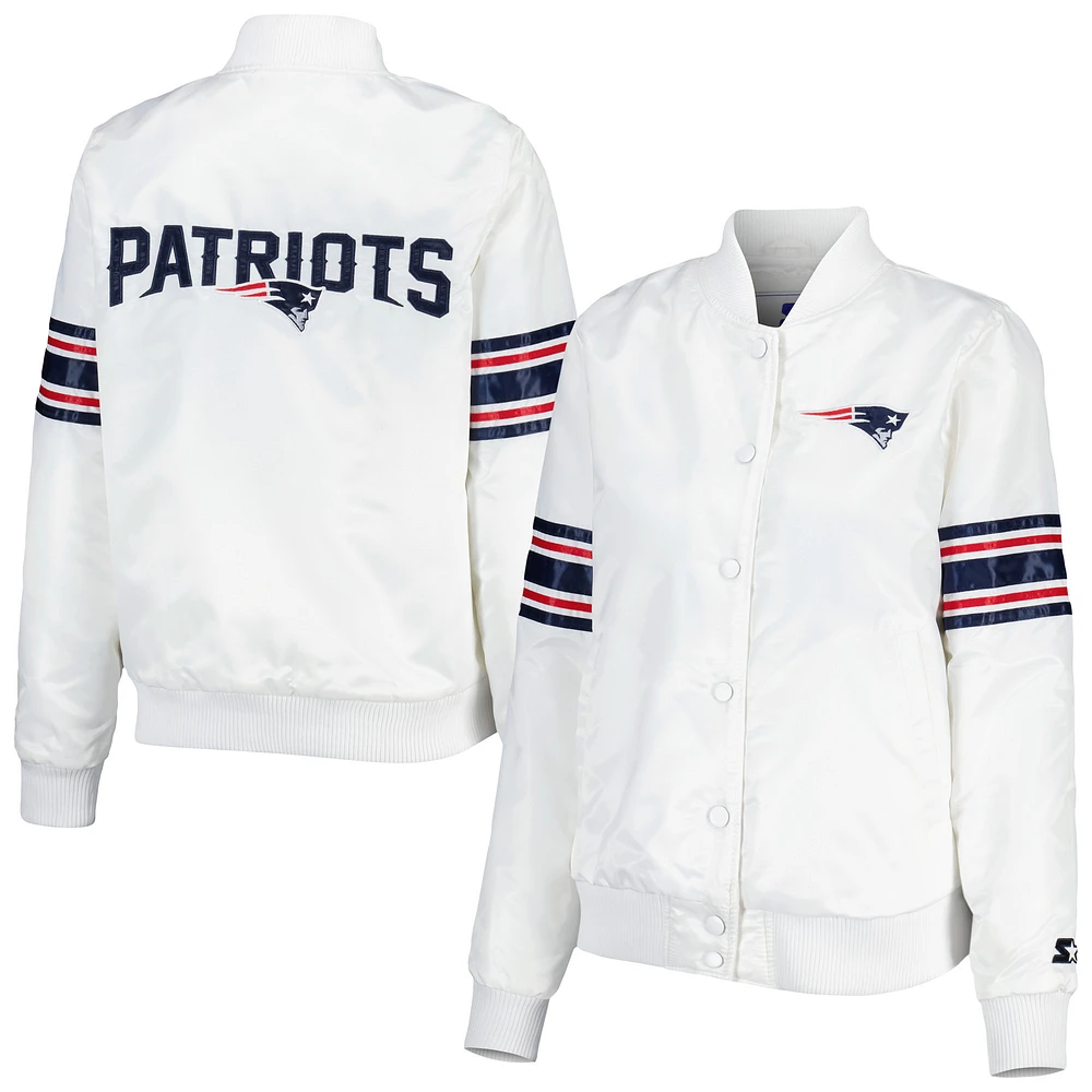 Women's Starter White New England Patriots Line Up Satin Full-Snap Varsity Jacket