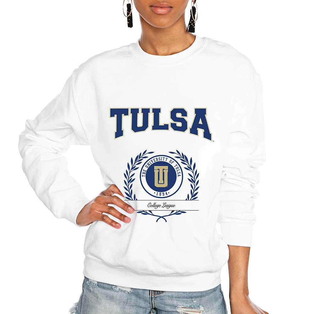 Women's Gameday Couture White Tulsa Golden Hurricane It's a Vibe Classic Fleece Crewneck Pullover Sweatshirt