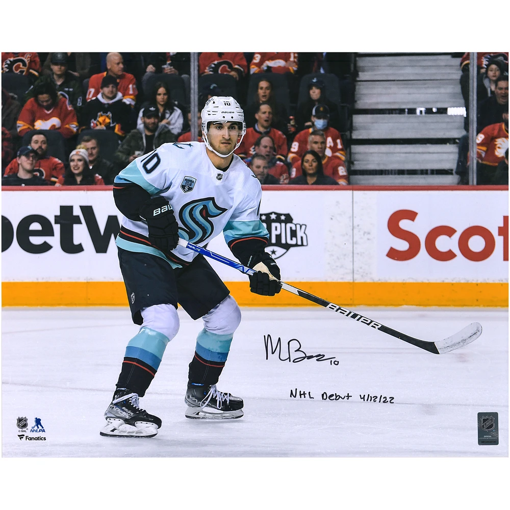 Matty Beniers Seattle Kraken Autographed 16" x 20" NHL Debut Photograph with "NHL Debut 4/12/22" Inscription
