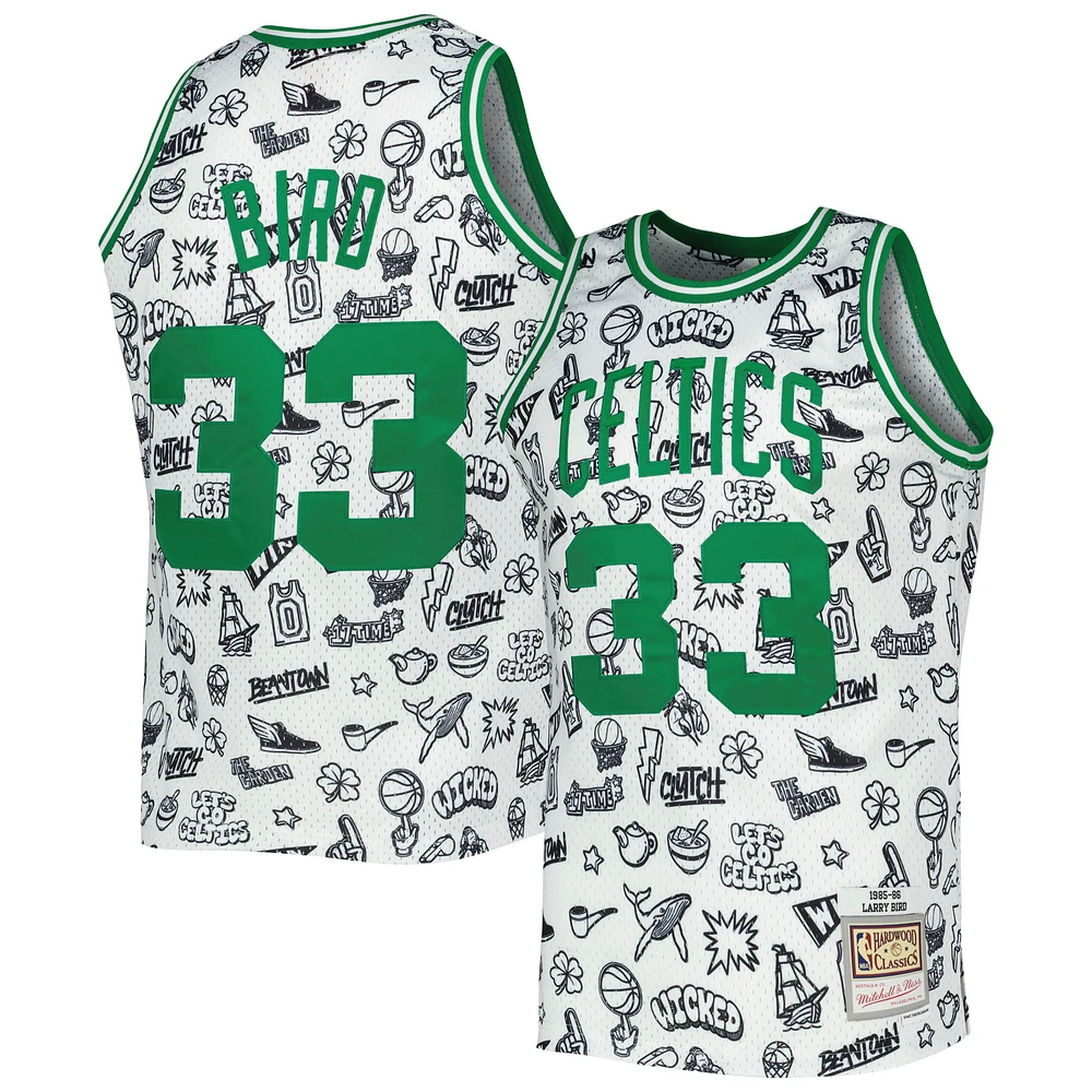 Men's Mitchell & Ness Larry Bird White Boston Celtics 1985/86 Hardwood Classics Doodle Swingman Jersey