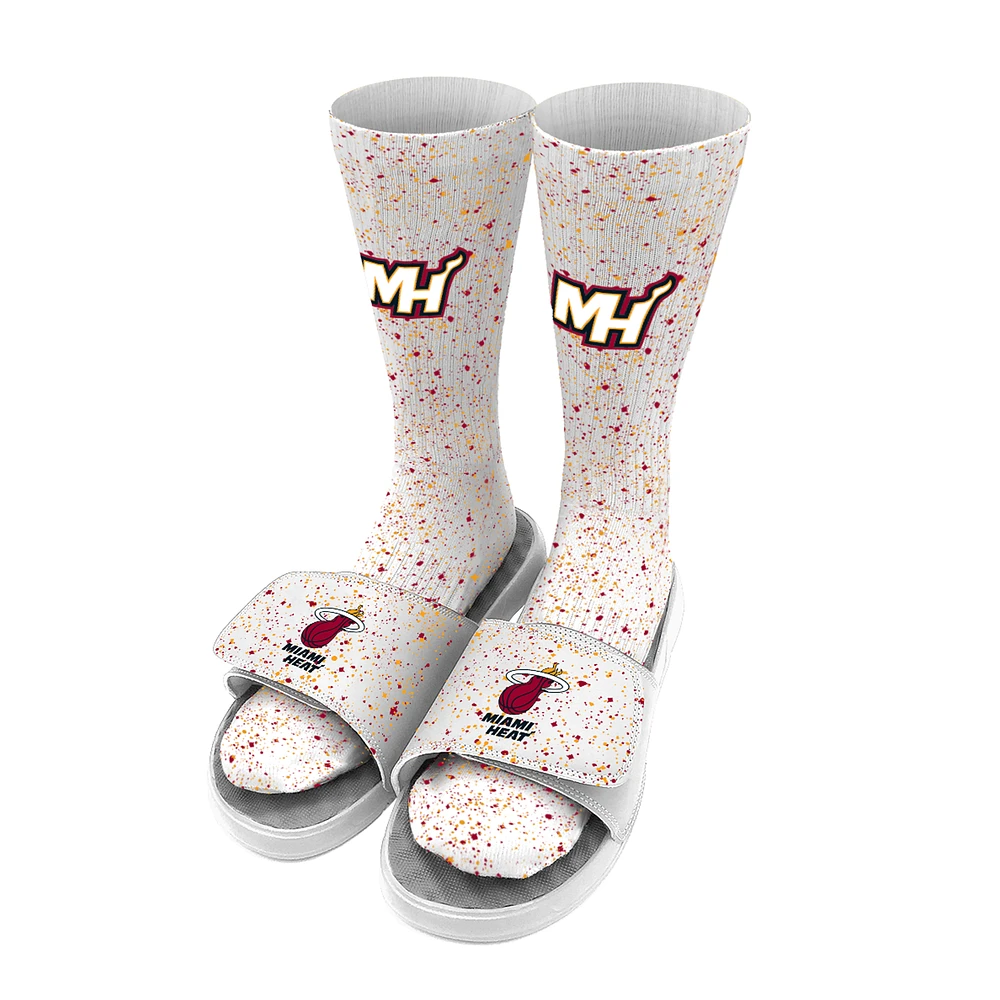 Men's ISlide White Miami Heat Team Logo Speckle Socks & Slide Sandals Bundle