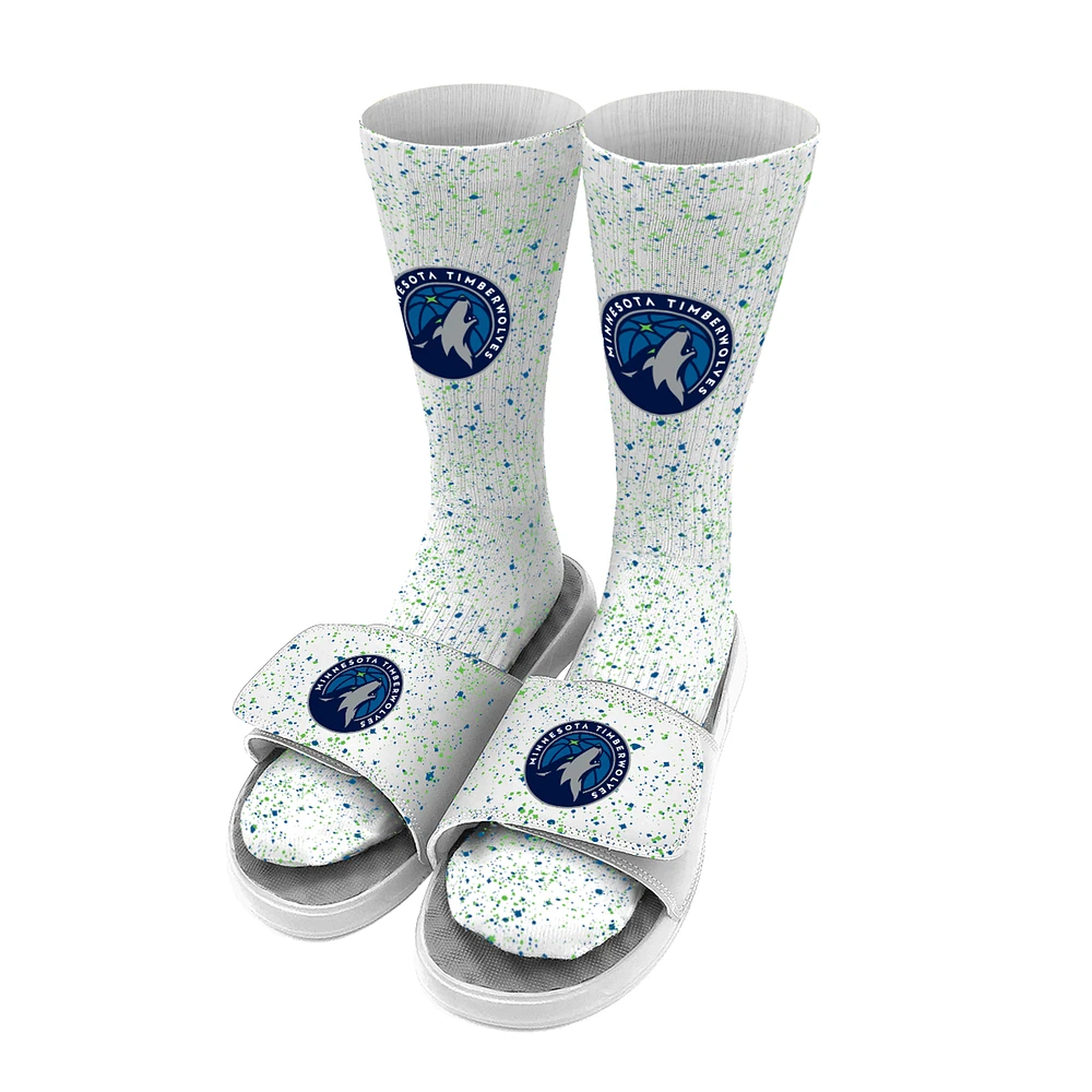 Men's ISlide White Minnesota Timberwolves Team Logo Speckle Socks & Slide Sandals Bundle