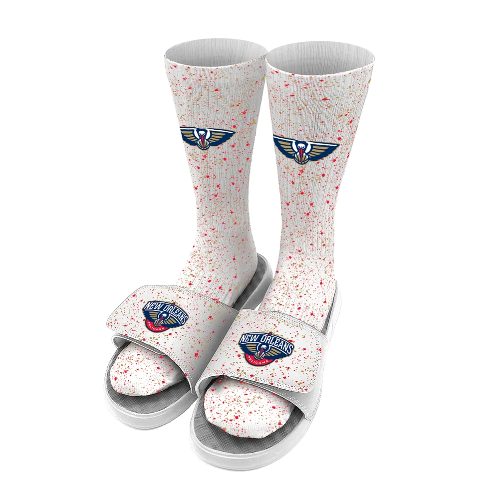 Men's ISlide White New Orleans Pelicans Team Logo Speckle Socks & Slide Sandals Bundle