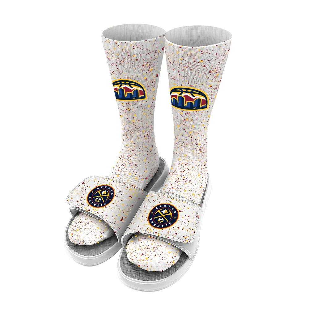 Men's ISlide White Denver Nuggets Team Logo Speckle Socks & Slide Sandals Bundle