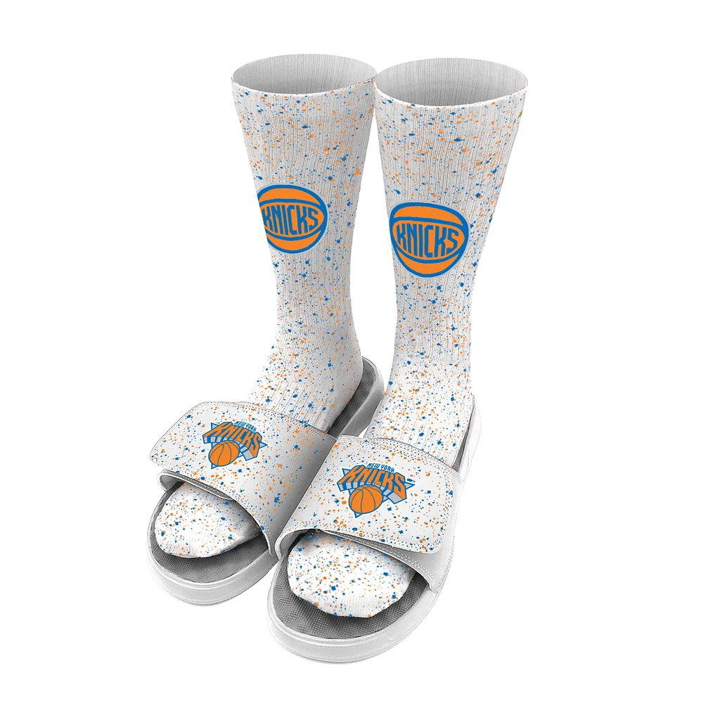 Men's ISlide White New York Knicks Team Logo Speckle Socks & Slide Sandals Bundle
