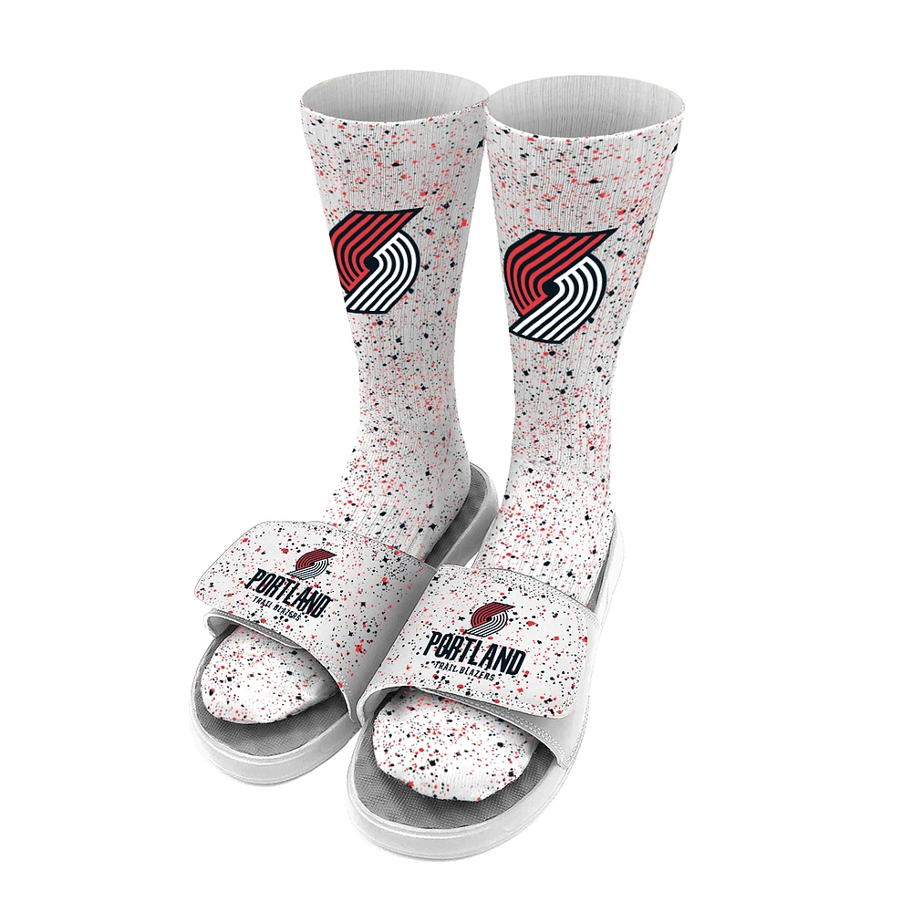 Men's ISlide White Portland Trail Blazers Team Logo Speckle Socks & Slide Sandals Bundle