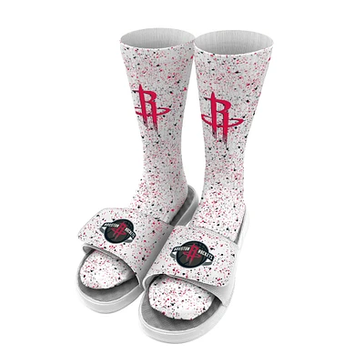 Men's ISlide White Houston Rockets Team Logo Speckle Socks & Slide Sandals Bundle