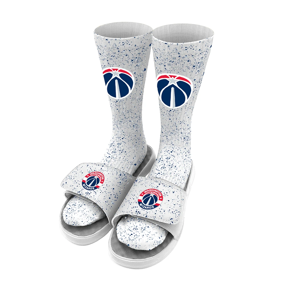 Men's ISlide White Washington Wizards Team Logo Speckle Socks & Slide Sandals Bundle