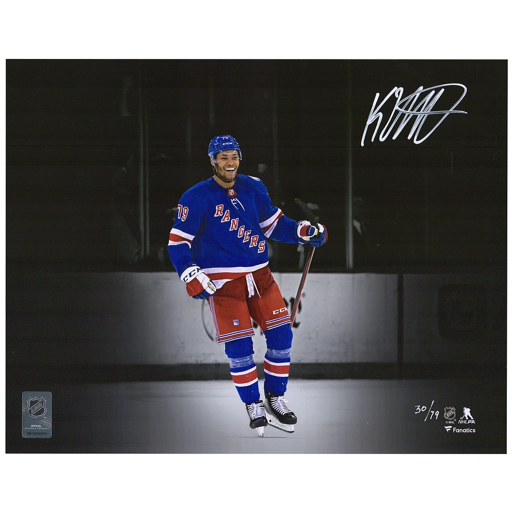 K'Andre Miller New York Rangers Autographed 11'' x 14'' Blue Jersey Celebration Spotlight Photograph - Limited Edition of 79