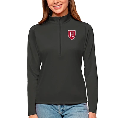 Women's Antigua Charcoal Harvard Crimson Tribute Quarter-Zip Pullover Top