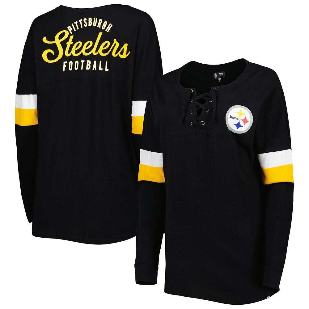 Women's New Era Black Pittsburgh Steelers Athletic Varsity Lightweight Lace-Up Long Sleeve T-Shirt