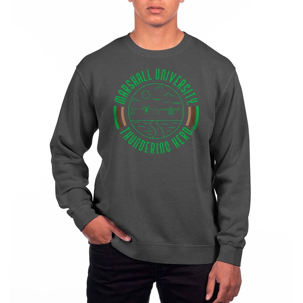 Men's Uscape Apparel Black Marshall Thundering Herd Pigment Dyed Fleece Crew Neck Sweatshirt