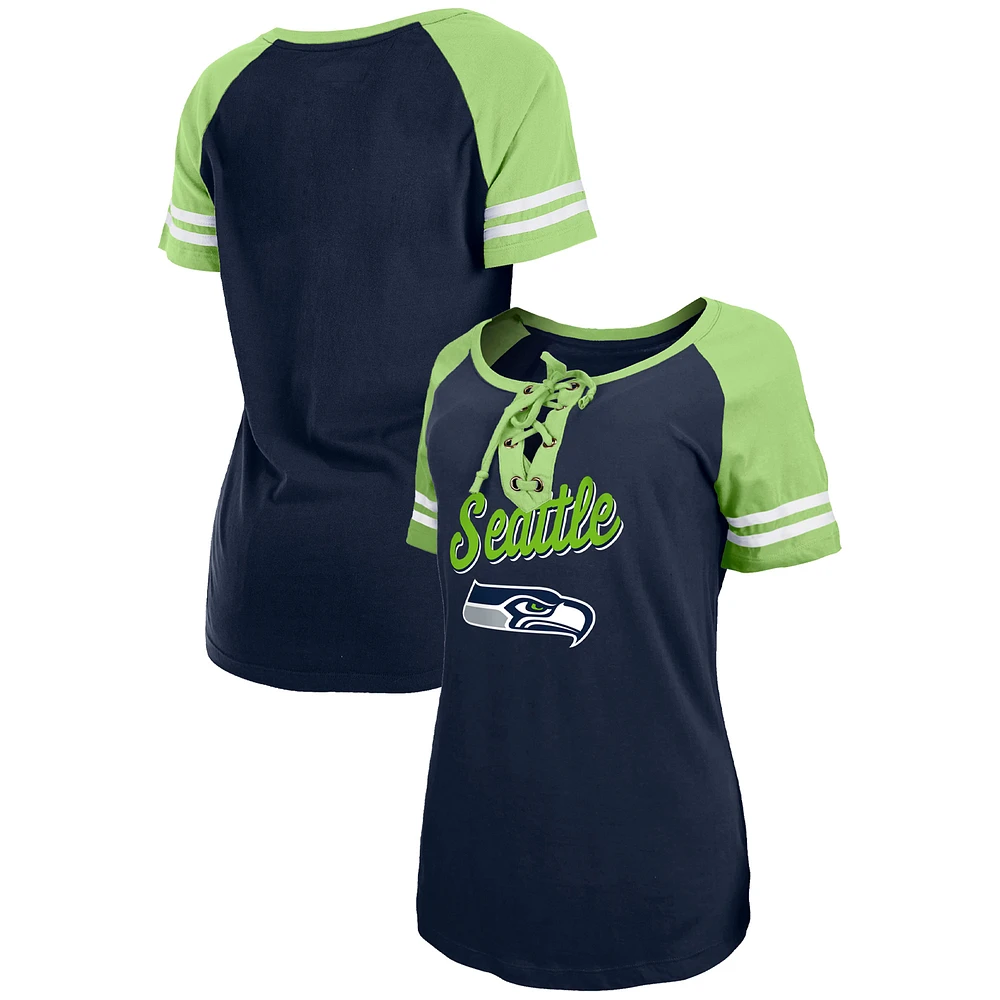 Women's New Era College Navy/Neon Green Seattle Seahawks Lightweight Lace-Up Raglan T-Shirt
