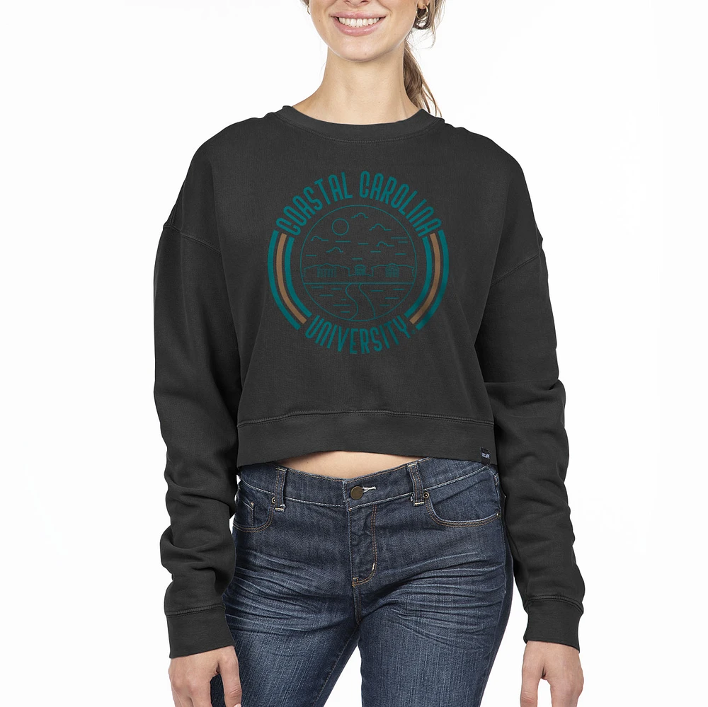 Women's Uscape Apparel Black Coastal Carolina Chanticleers Circle Scene Cropped Crewneck Sweatshirt