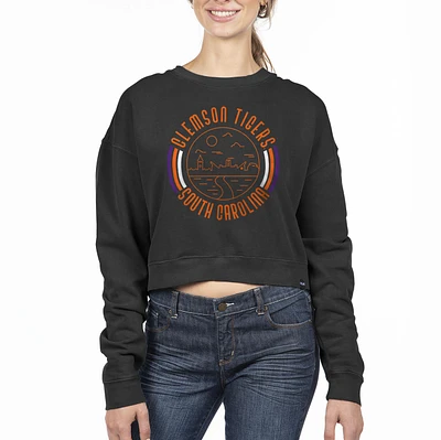 Women's Uscape Apparel Black Clemson Tigers Circle Scene Cropped Crewneck Sweatshirt