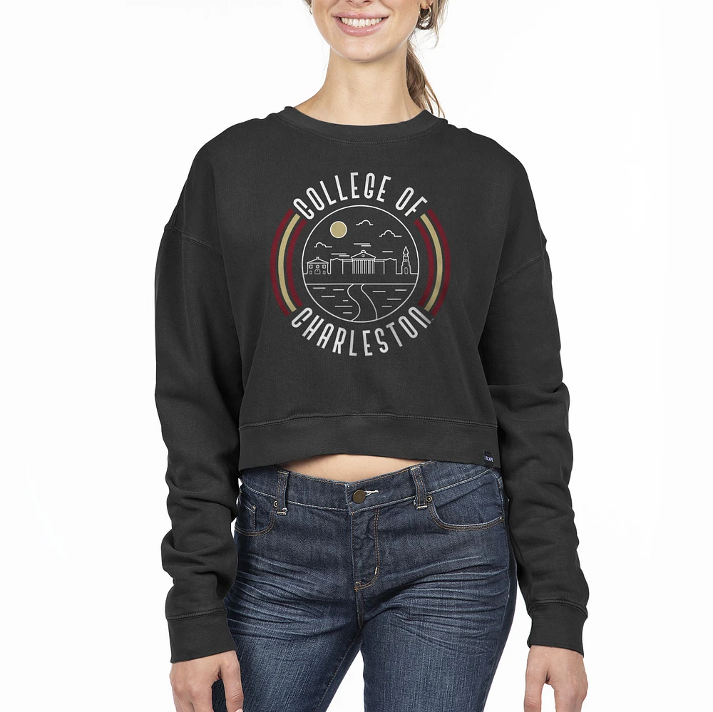 Women's Uscape Apparel Black Charleston Cougars Circle Scene Cropped Crewneck Sweatshirt