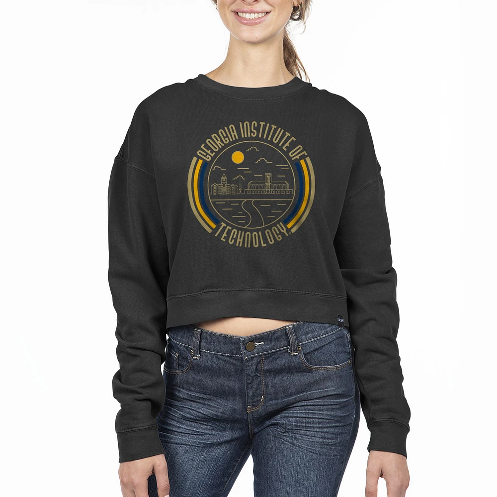 Women's Uscape Apparel Black Georgia Tech Yellow Jackets Circle Scene Cropped Crewneck Sweatshirt