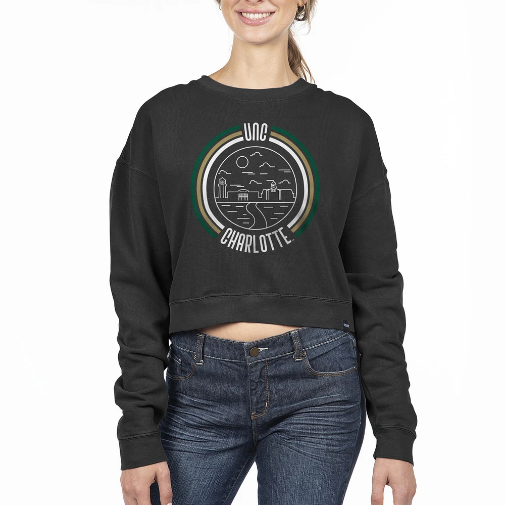 Women's Uscape Apparel Black Charlotte 49ers Circle Scene Cropped Crewneck Sweatshirt