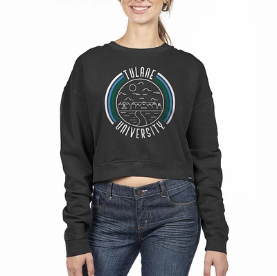 Women's Uscape Apparel Black Tulane Green Wave Circle Scene Cropped Crewneck Sweatshirt