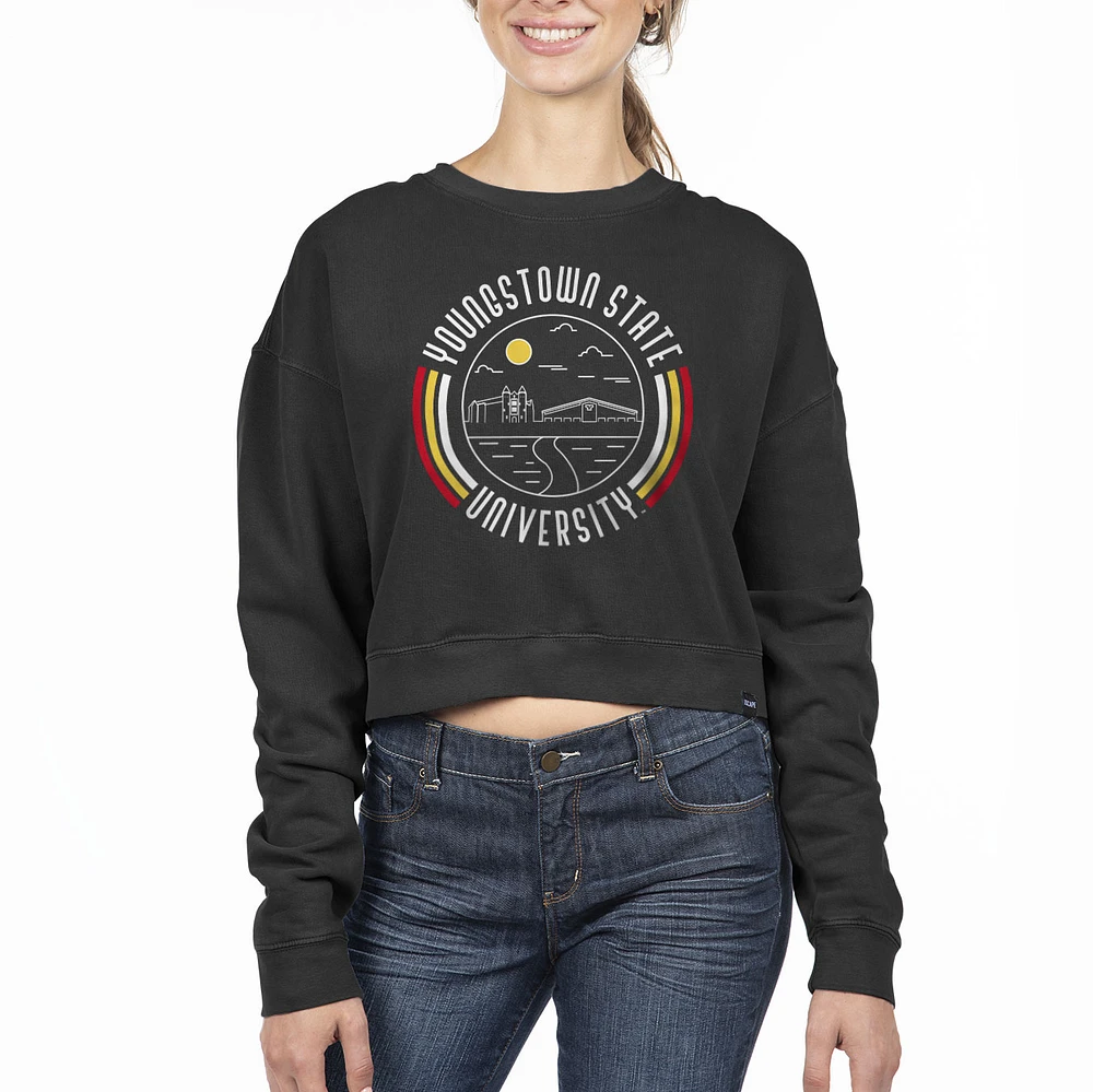 Women's Uscape Apparel Black Youngstown State Penguins Circle Scene Cropped Crewneck Sweatshirt