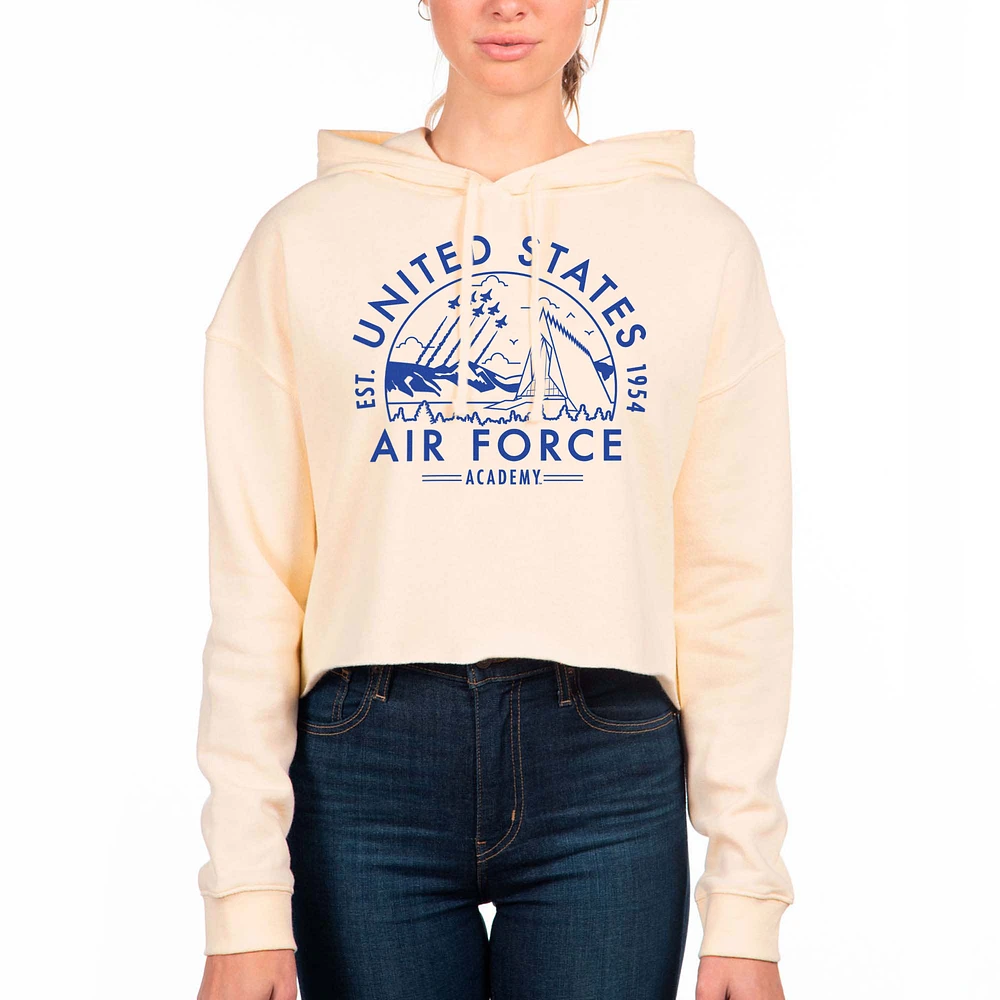 Women's Uscape Apparel Cream Air Force Falcons Circle Scene Raw Edge Cropped Pullover Hoodie