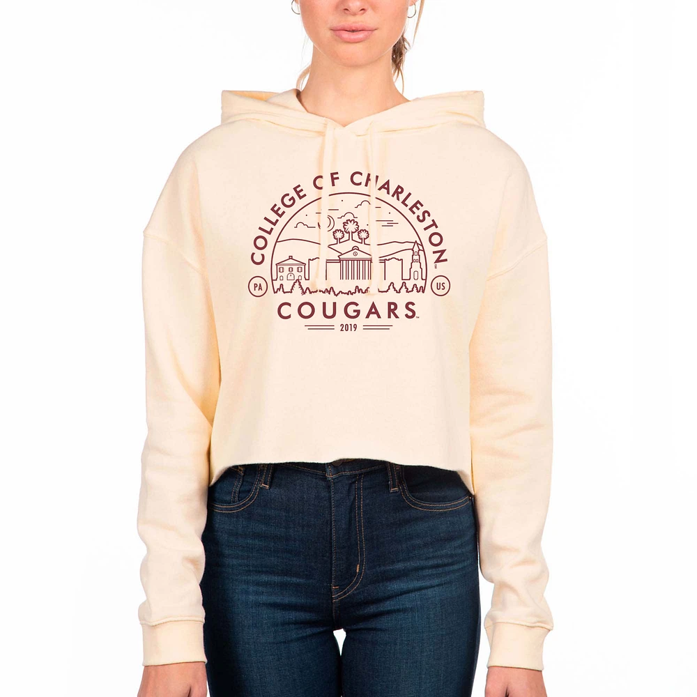 Women's Uscape Apparel Cream Charleston Cougars Circle Scene Raw Edge Cropped Pullover Hoodie