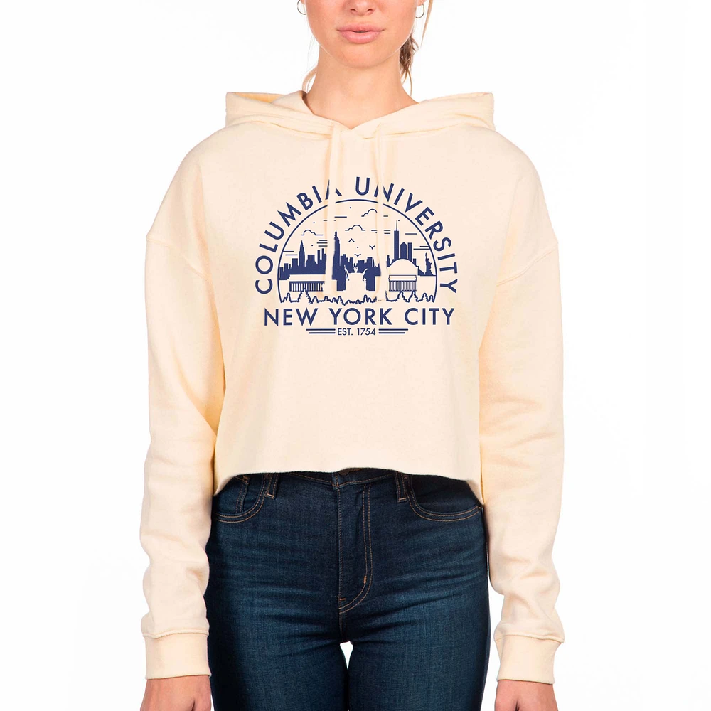 Women's Uscape Apparel Cream Columbia University Circle Scene Raw Edge Cropped Pullover Hoodie