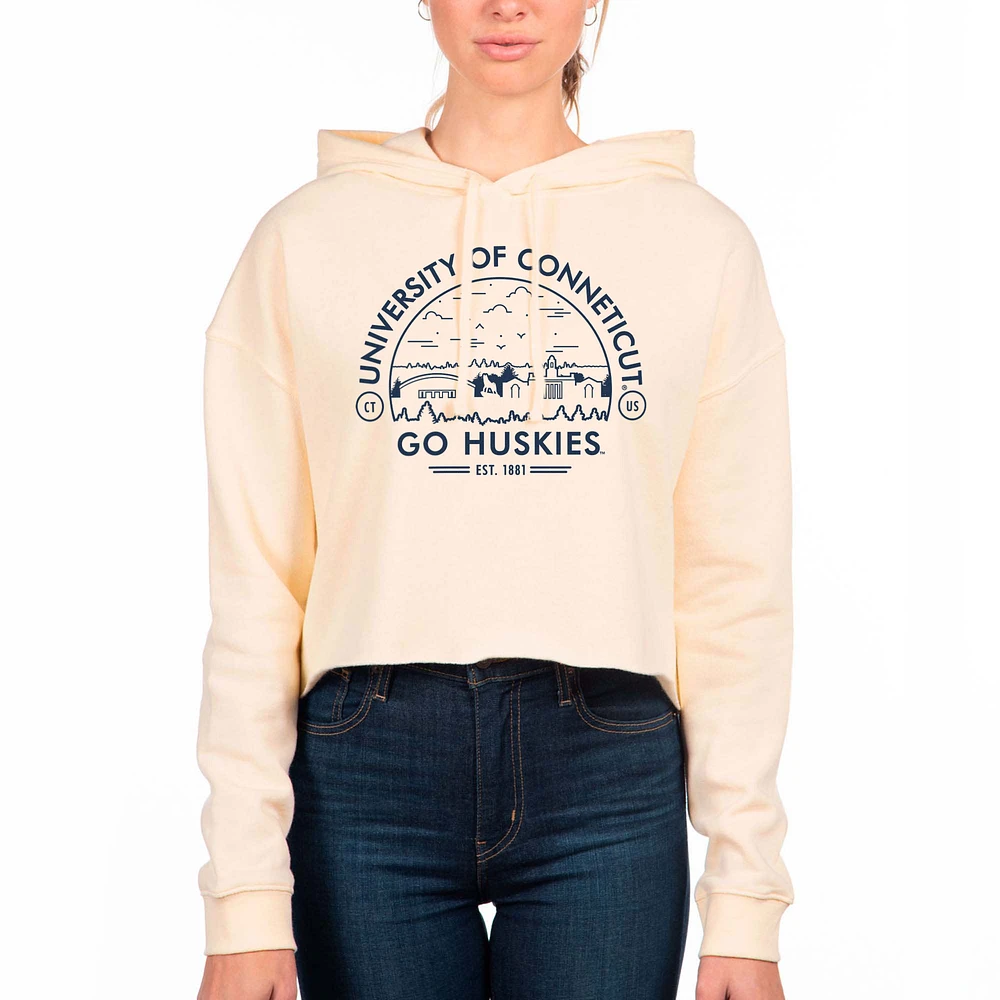 Women's Uscape Apparel Cream UConn Huskies Circle Scene Raw Edge Cropped Pullover Hoodie